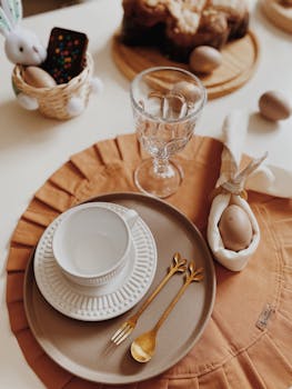 Easter Table Setting with Decorative Bunny and Eggs